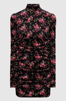 Черное платье мини из шелка с драпировкой в принт