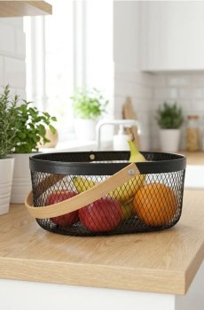 Металевий кошик для харчових продуктів з бамбуковою ручкою - чорний