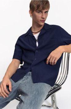 Reserved - Сорочка квадратного крою з коротким рукавом - темно-синій - 720IE-59X