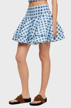 Женская голубая льняная юбка в клетку Голубой 40 Sandro SFPJU01613_Blu - White