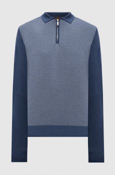 Синее поло с шерстью, шелком и кашемиром в узор