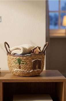 Плетений кошик для зберігання з ручками та аплікацією ялинки й будиночка - бежевий