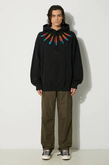 Хлопковая кофта Marcelo Burlon Collar Feathers Comfy Hoodie мужская цвет чёрный с капюшоном с принтом CMBB106F24FLE0031084 Хлопковая кофта Marcelo Burlon Collar Feathers Comfy Hoodie мужская цвет чёрный с капюшоном с принтом CMBB106F24FLE0031084