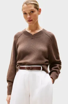 Женский коричневый пуловер CO JERSEY MID GG V-NK LS Коричневый L Tommy Hilfiger WW0WW45700