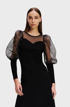 Женская черная буза PEARL PUFF SLEEVE Черный L Karl Lagerfeld 246W2004