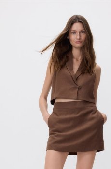 Reserved - Шорти-спідниця з додаванням льону - темно коричневий - 725AC-89X