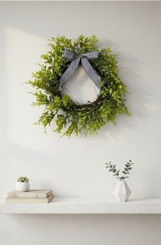 Весняний декоративний вінок із зеленню та бантом - зелений