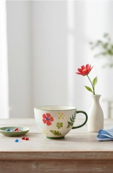 Керамічний кухоль з квітковим мотивом - зелений