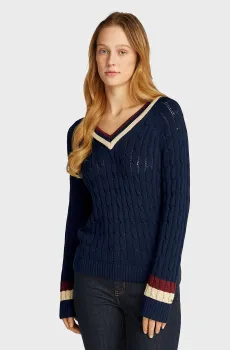 Женский темно-синий пуловер VARSITY CABLE V-NK Синий M Tommy Hilfiger WW0WW43972