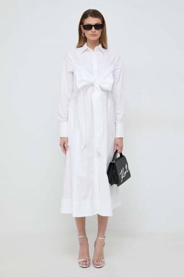 Хлопковое платье Karl Lagerfeld цвет белый midi расклешённая Хлопковое платье Karl Lagerfeld цвет белый midi расклешённая