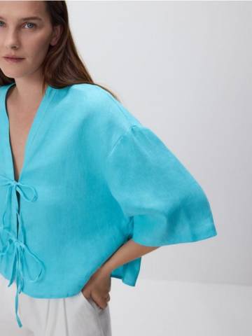 Reserved - Лляна блузка з зав’язками - світло-бірюзовий - 371FH-60X