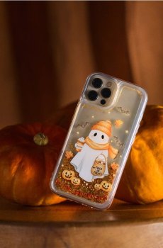 Чохол для iPhone 15 із принтом привида та блискітками - мандариновий
