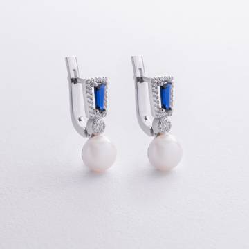 Серебряные серьги с жемчугом, гидротерм. сапфирами и фианитами 2488/1р-PWTNS Серебряные серьги с жемчугом, гидротерм. сапфирами и фианитами 2488/1р-PWTNS