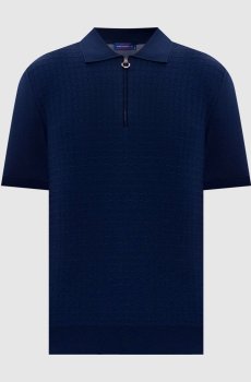Синее поло из шерсти, кашемира и шелка в узор
