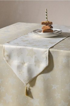 Різдвяна настільна доріжка із зірочками, металізованою ниткою та китицями - кремовий
