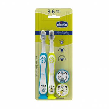 Набор детских зубных щеток Chicco Milk Teeth на присоске, от 3 до 6 лет (голубая, 1 шт + желтая, 1 шт) Набор детских зубных щеток Chicco Milk Teeth на присоске, от 3 до 6 лет (голубая, 1 шт + желтая, 1 шт)