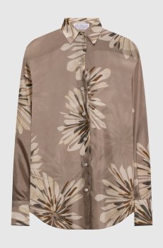 Блуза цвета хаки из шелка в принт