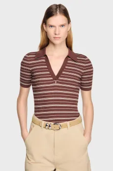 Женское коричневое поло в полоску Коричневый M Sandro SFPPU02783_Brown