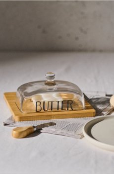 Скляна маслянка з бамбуковою підставкою - clear