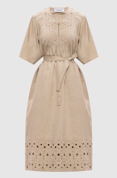 Бежевое платье миди из шелка и льна