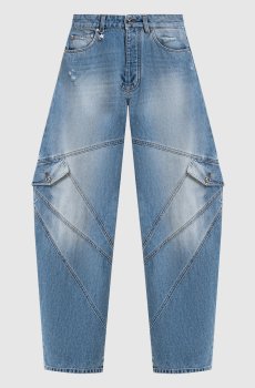 Синие джинсы-бананы с эффектом потертости