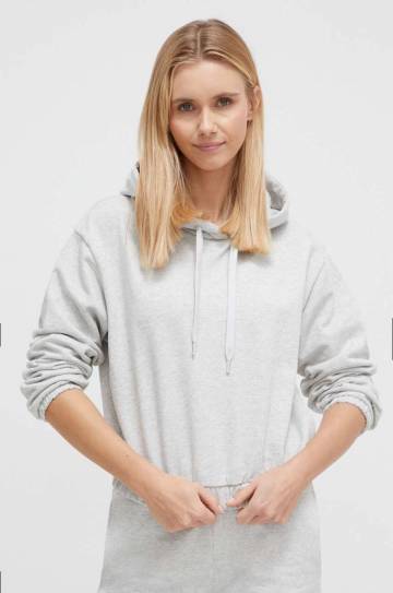 Хлопковая кофта Guess женская цвет серый с капюшоном однотонная Хлопковая кофта Guess женская цвет серый с капюшоном однотонная