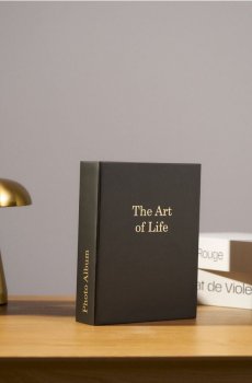 Fotode album kuldse kirjutisega "The Art of Life" - чорний