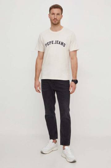 Хлопковая футболка Pepe Jeans CLEMENT мужская цвет бежевый с принтом PM509220 Хлопковая футболка Pepe Jeans CLEMENT мужская цвет бежевый с принтом PM509220