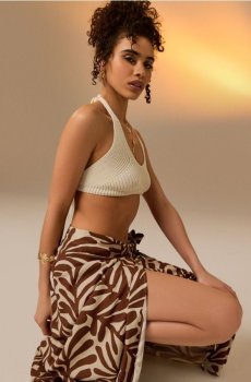 Спідниця міді на запах з віскози з рослинним принтом - золотисто-коричневий