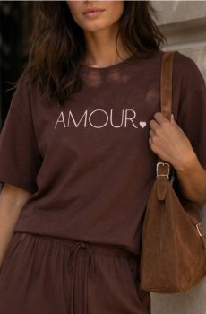 Футболка з віскози з написом «Amour» - темно коричневий