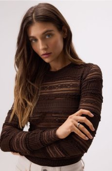 Reserved - Мереживний лонгслів - темно коричневий - 285HT-89X