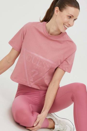 Хлопковая футболка Guess цвет розовый Хлопковая футболка Guess цвет розовый