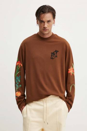 Хлопковый лонгслив HUGO цвет коричневый с принтом 50517427