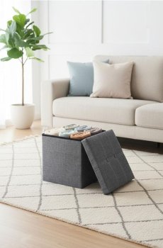 Пуф із функцією зберігання та бічною кишенею - бежевий