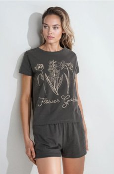 Бавовняна двочастинна піжама з принтом - темно-сірий