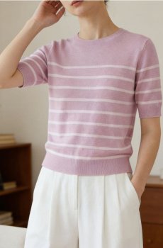Светр із коротким рукавом у смужку - пастельний рожевий