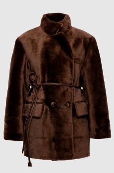 Коричневая двубортная дубленка с поясом