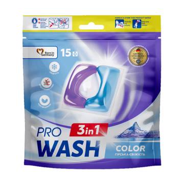 Капсулы для стирки 3 в 1 ProWash Color Горная свежесть, для цветного белья, 15 стирок, 15 шт Капсулы для стирки 3 в 1 ProWash Color Горная свежесть, для цветного белья, 15 стирок, 15 шт