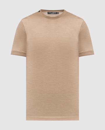 Бежевая футболка из шелка с нашивкой логотипа