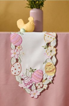 Великодній столовий бігунок з вишитими писанками та квітковим мотивом - білий