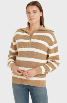Женская бежевая кофта в полоску CO CARDI STITCH 1/2 ZIP Бежевый L Tommy Hilfiger WW0WW42141
