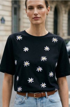 Бавовняна футболка з вишитим візерунком - чорний