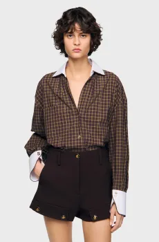 Женская коричневая шерстяная рубашка в клетку Коричневый S Sandro SFPCM01469_Burgundy - Brown