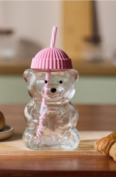 Скляна чашка у формі ведмедика із соломинкою та кришкою - пастельний рожевий