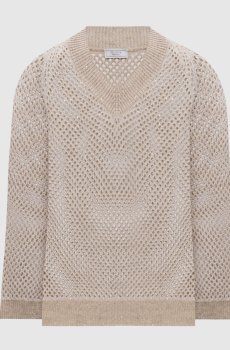 Бежевый ажурный пуловер с льном