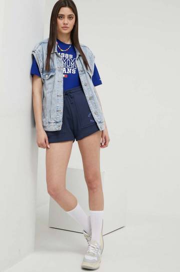 Хлопковые шорты Tommy Jeans цвет синий с принтом высокая посадка Хлопковые шорты Tommy Jeans цвет синий с принтом высокая посадка