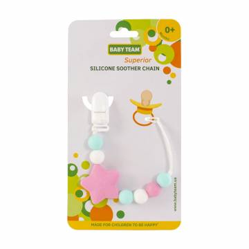 Цепочка для пустышки Baby Team силиконовая, с рождения, розовая звездочка (3390)