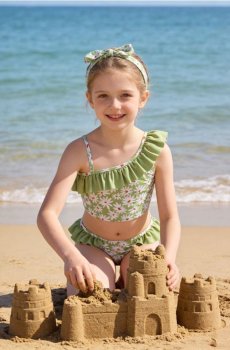 Двокомплектний купальник з воланами та квітковим мотивом - жовто-зелений