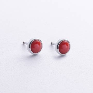 Серьги - пусеты с кораллом (белое золото) с08870 Серьги - пусеты с кораллом (белое золото) с08870