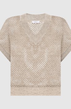 Бежевый ажурный жилет с леном с пайетками